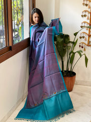 Blue Handmade Kutchi Embroidered Dupatta in Pure Tussar Silk