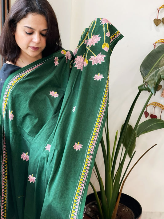 Green Handmade Kantha Dupatta in Pure Cotton