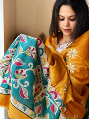 Yellow Handpainted Dupatta with Kantha Hand Embroidery in Pure Silk