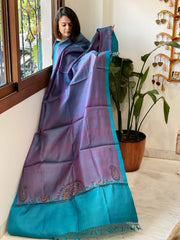 Blue Handmade Kutchi Embroidered Dupatta in Pure Tussar Silk