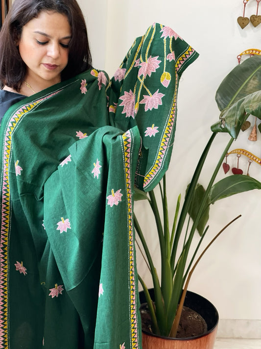 Green Handmade Kantha Dupatta in Pure Cotton