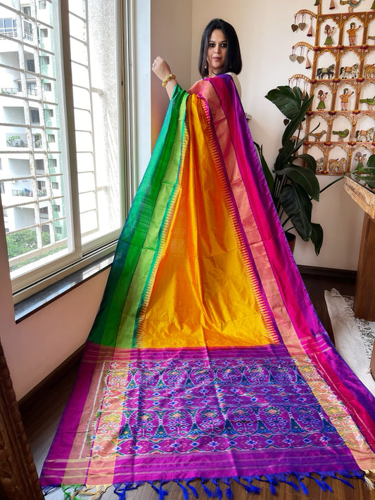 Handwoven Ikat Saree in Pure Silk with Ganga-Jamuna Border