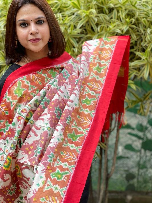 Ivory Handwoven Ikat Dupatta in Pure Silk