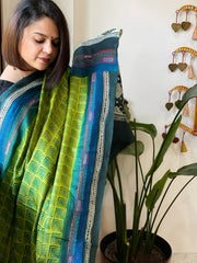 Green, Blue Handmade Nakshi Kantha Dupatta in Pure Tussar Silk