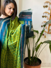 Green, Blue Handmade Nakshi Kantha Dupatta in Pure Tussar Silk