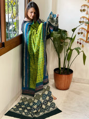 Green, Blue Handmade Nakshi Kantha Dupatta in Pure Tussar Silk