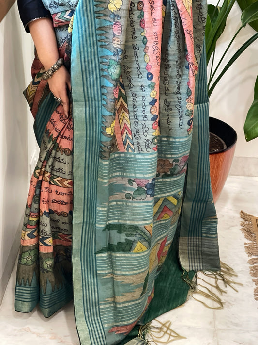 Handpainted Kalamkari Saree in Pure Tussar Silk