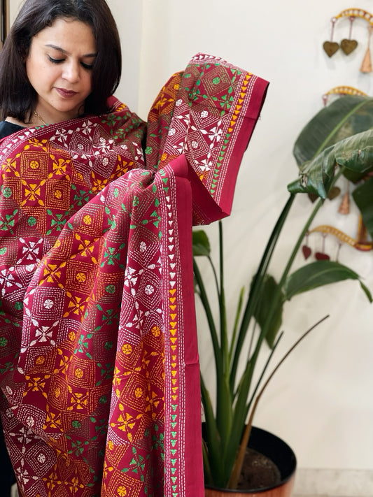 Maroon Handmade Kantha Dupatta in Pure Cotton