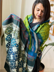 Green, Blue Handmade Nakshi Kantha Dupatta in Pure Tussar Silk