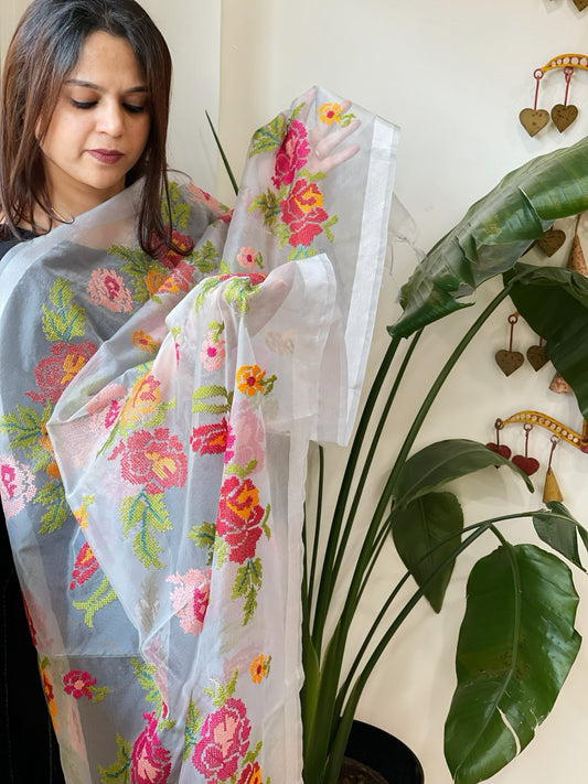 Bluish Grey Organza Dupatta with cross-stitch embroidery