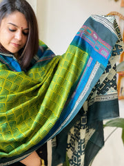 Green, Blue Handmade Nakshi Kantha Dupatta in Pure Tussar Silk