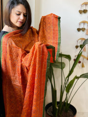 Orange Handmade Nakshi Kantha Dupatta in Pure Tussar Silk