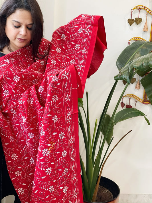 Red Handmade Kantha Dupatta in Pure Cotton