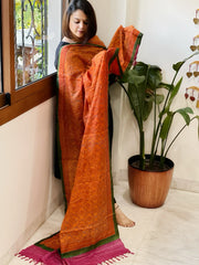 Orange Handmade Nakshi Kantha Dupatta in Pure Tussar Silk