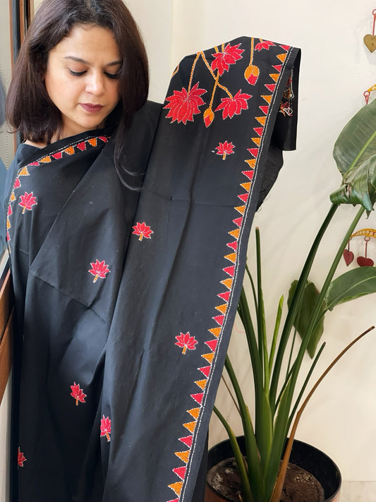 Black Handmade Kantha Dupatta in Pure Cotton