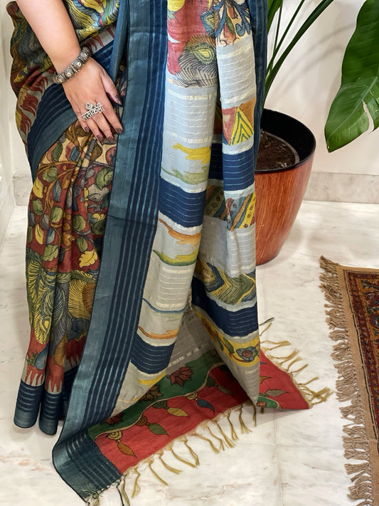 Handpainted Kalamkari Saree in Pure Tussar Silk