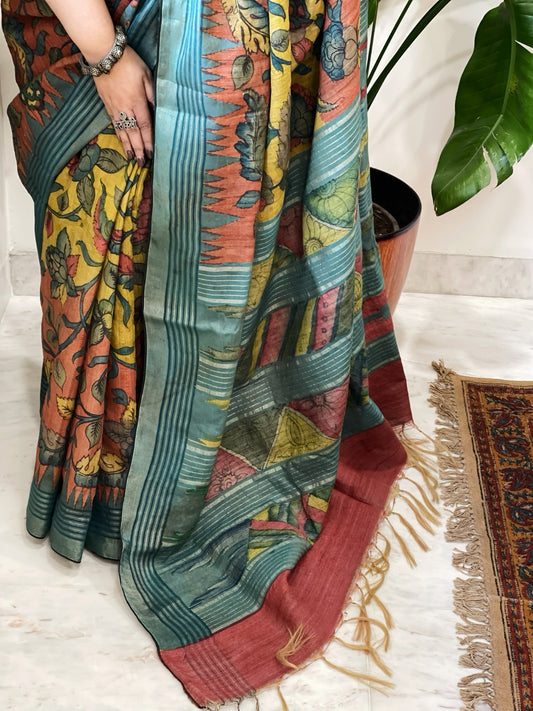 Handpainted Kalamkari Saree in Pure Tussar Silk