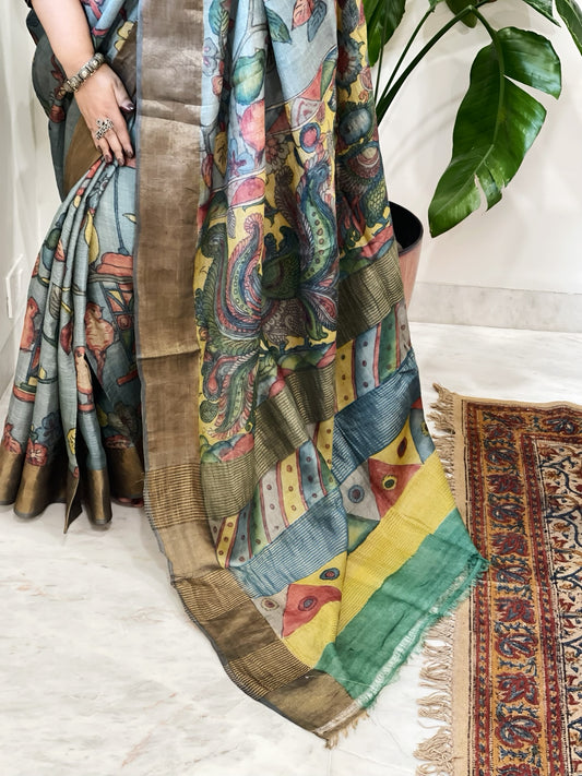 Handpainted Kalamkari Saree in Pure Tussar Silk