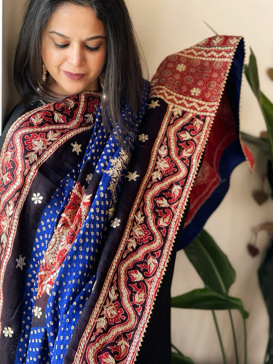 Blue Rai Bandhani, Ajrakh Dupatta with Gotapatti Handwork in Gajji Silk