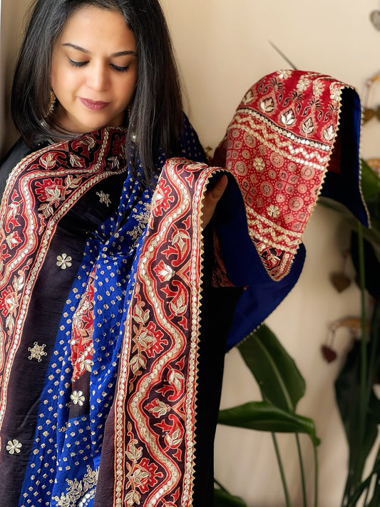 Blue Rai Bandhani, Ajrakh Dupatta with Gotapatti Handwork in Gajji Silk