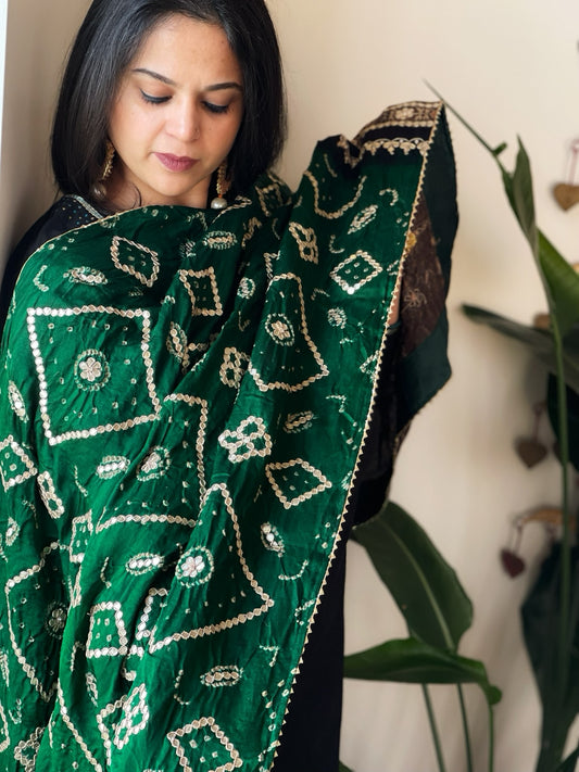 Green Rai Bandhani, Ajrakh Dupatta with Gotapatti Handwork in Gajji Silk