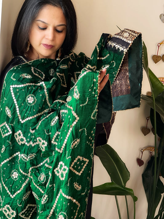 Green Rai Bandhani, Ajrakh Dupatta with Gotapatti Handwork in Gajji Silk