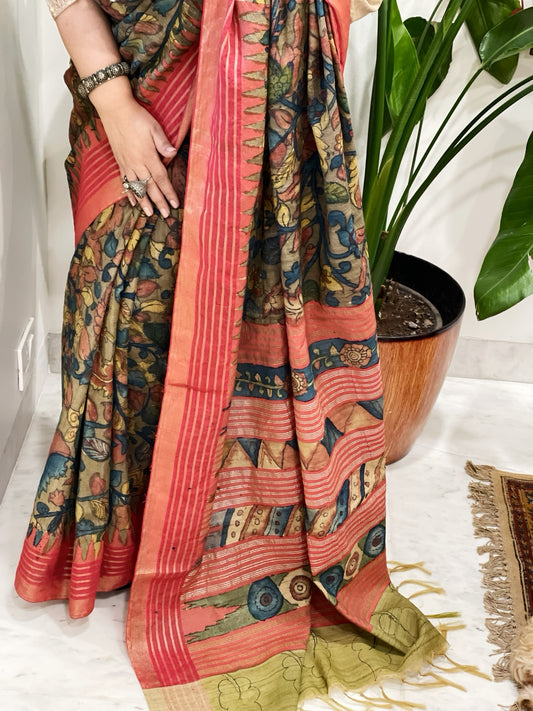 Handpainted Kalamkari Saree in Pure Vidharbha Tussar Silk