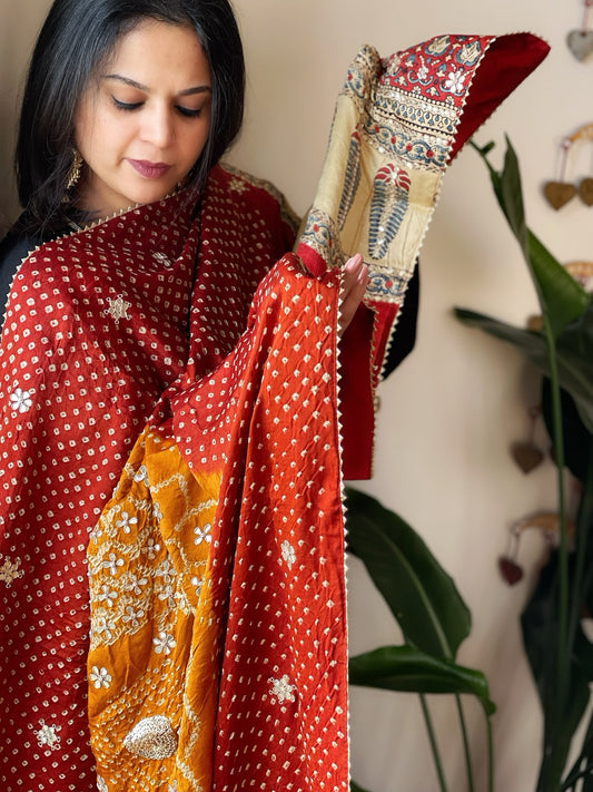 Rust Rai Bandhani, Ajrakh Dupatta with Gotapatti Handwork in Gajji Silk