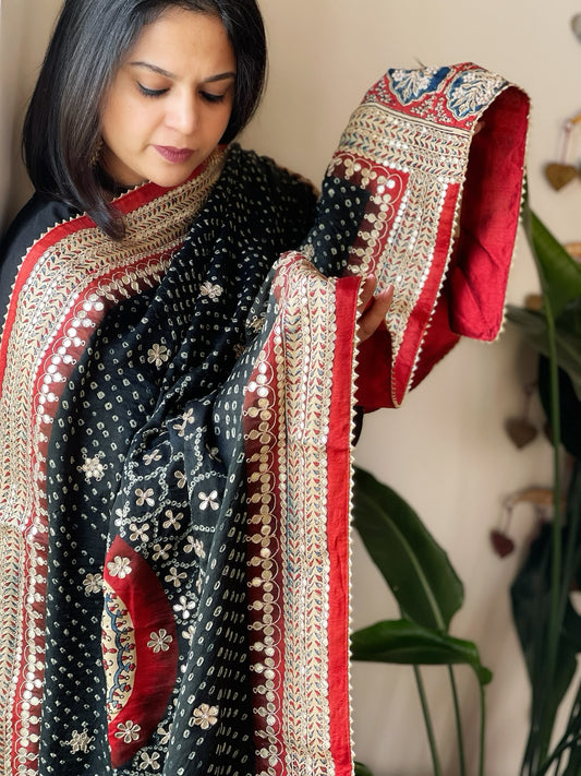 Black Rai Bandhani, Ajrakh Dupatta with Gotapatti Handwork in Gajji Silk