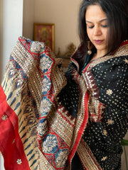 Black Rai Bandhani, Ajrakh Dupatta with Gotapatti Handwork in Gajji Silk