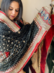 Black Rai Bandhani, Ajrakh Dupatta with Gotapatti Handwork in Gajji Silk