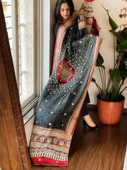 Black Rai Bandhani, Ajrakh Dupatta with Gotapatti Handwork in Gajji Silk