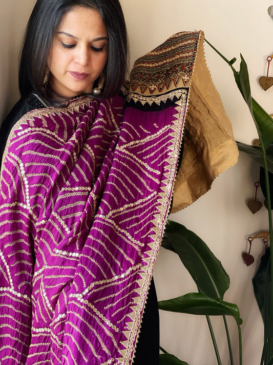 Purple Rai Bandhani, Ajrakh Dupatta with Gotapatti Handwork in Gajji Silk