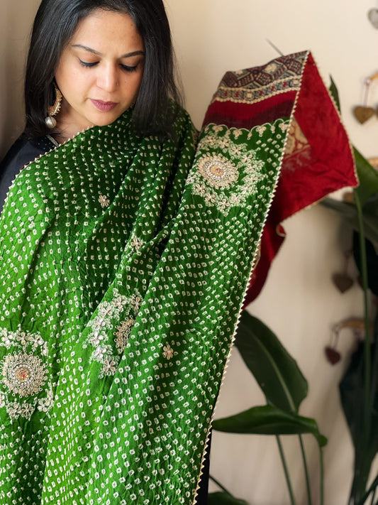 Green Rai Bandhani, Ajrakh Dupatta with Gotapatti Handwork in Gajji Silk