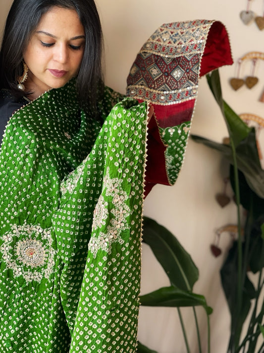 Green Rai Bandhani, Ajrakh Dupatta with Gotapatti Handwork in Gajji Silk