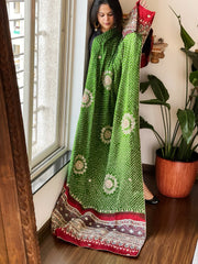 Green Rai Bandhani, Ajrakh Dupatta with Gotapatti Handwork in Gajji Silk