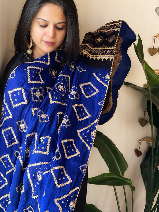 Blue Rai Bandhani, Ajrakh Dupatta with Gotapatti Handwork in Gajji Silk