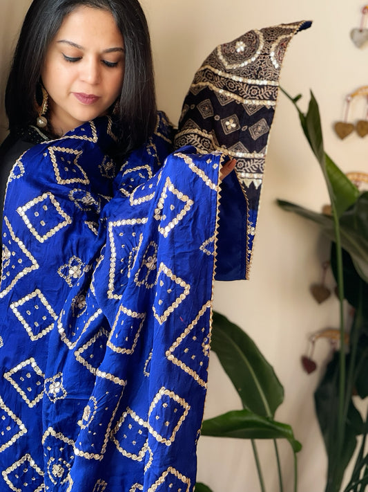 Blue Rai Bandhani, Ajrakh Dupatta with Gotapatti Handwork in Gajji Silk