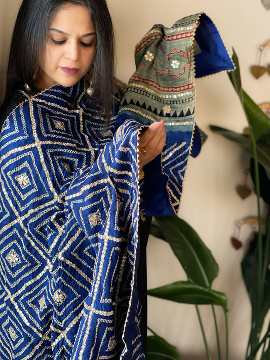 Blue Rai Bandhani, Ajrakh Dupatta with Gotapatti Handwork in Gajji Silk