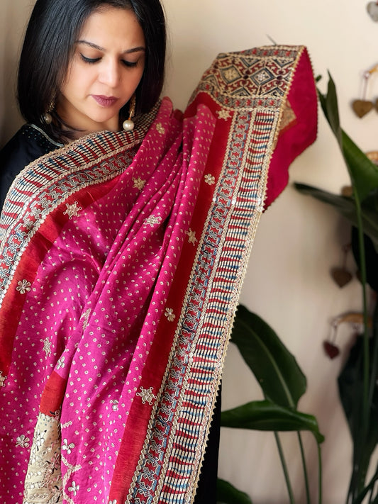 Pink Rai Bandhani, Ajrakh Dupatta with Gotapatti Handwork in Gajji Silk