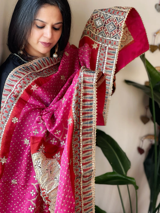 Pink Rai Bandhani, Ajrakh Dupatta with Gotapatti Handwork in Gajji Silk