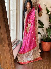 Pink Rai Bandhani, Ajrakh Dupatta with Gotapatti Handwork in Gajji Silk