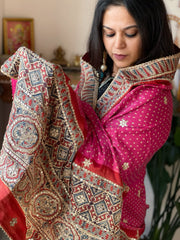 Pink Rai Bandhani, Ajrakh Dupatta with Gotapatti Handwork in Gajji Silk