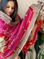 Pink Rai Bandhani, Ajrakh Dupatta with Gotapatti Handwork in Gajji Silk