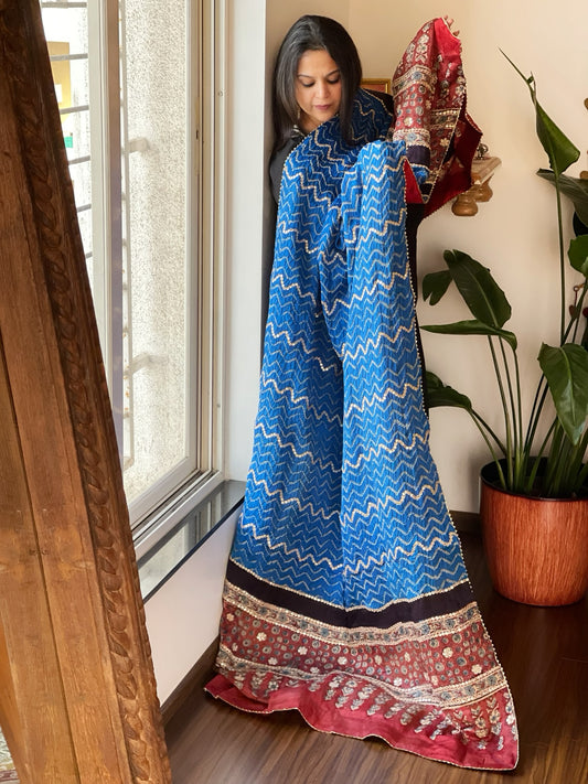 Firozi Rai Bandhani, Ajrakh Dupatta with Gotapatti Handwork in Gajji Silk