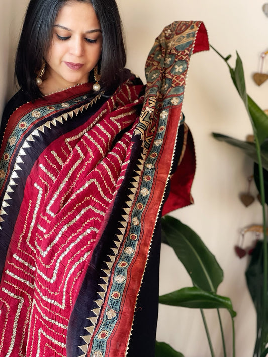 Pinkish Red Rai Bandhani, Ajrakh Dupatta with Gotapatti Handwork in Gajji Silk