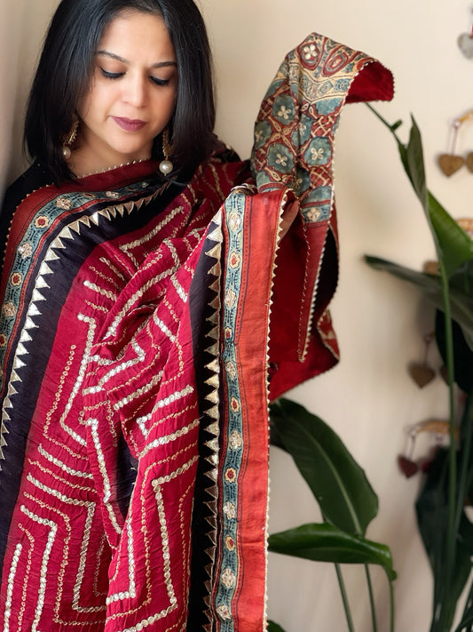 Pinkish Red Rai Bandhani, Ajrakh Dupatta with Gotapatti Handwork in Gajji Silk