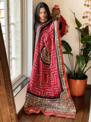 Pinkish Red Rai Bandhani, Ajrakh Dupatta with Gotapatti Handwork in Gajji Silk