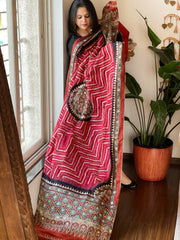 Pinkish Red Rai Bandhani, Ajrakh Dupatta with Gotapatti Handwork in Gajji Silk