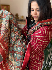 Pinkish Red Rai Bandhani, Ajrakh Dupatta with Gotapatti Handwork in Gajji Silk